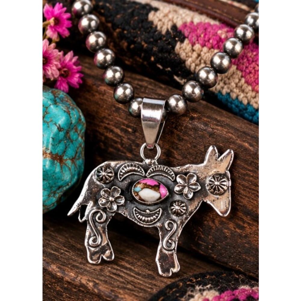 Donkey with Cotton Candy Turquoise Southwestern Pendant – Sterling Silver